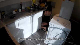 Horny wife seduces plumber in the kitchen while husband at work - porn video